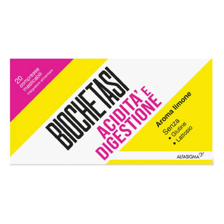 Biochetasi Acidità e Digestione Alfasigma in confezione da 20 compresse masticabili al limone, integratore alimentare con enzimi digestivi, carciofo, finocchio, polvere di riso, calcio carbonato e citrati – Farma3B Confezione di Biochetasi Acidità e Digestione Alfasigma da 20 compresse masticabili al limone, integratore con enzimi digestivi, carciofo, finocchio e citrati